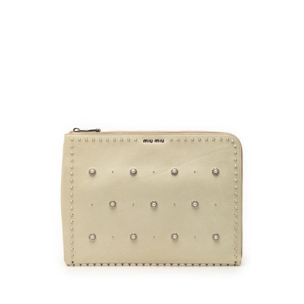 Miu Miu Studded Leather Clutch Bag Ecru
